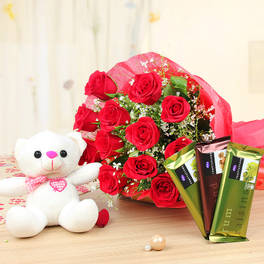 Roses & Teddy With Chocolate